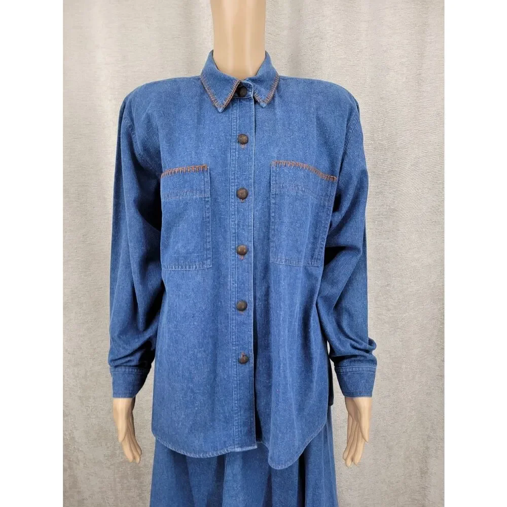 Vintage Denim Button-Up Shirt and Maxi Skirt Matching Set Western Cowgirl